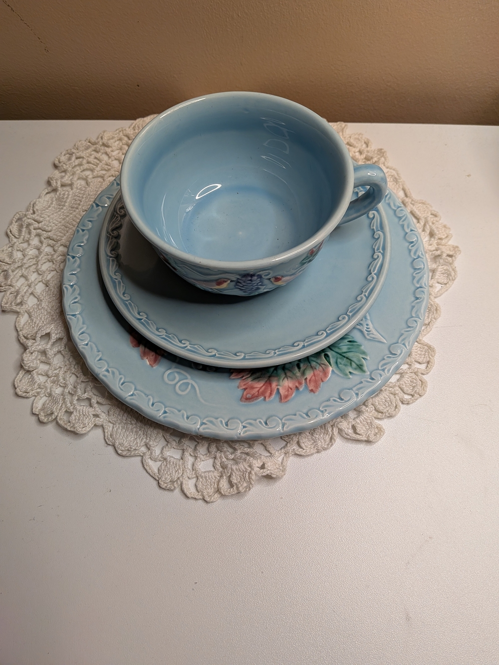 Vintage Highmount M.B.D. West Germany 230 Bird & Vine Majolica 3 Piece Tea Set
